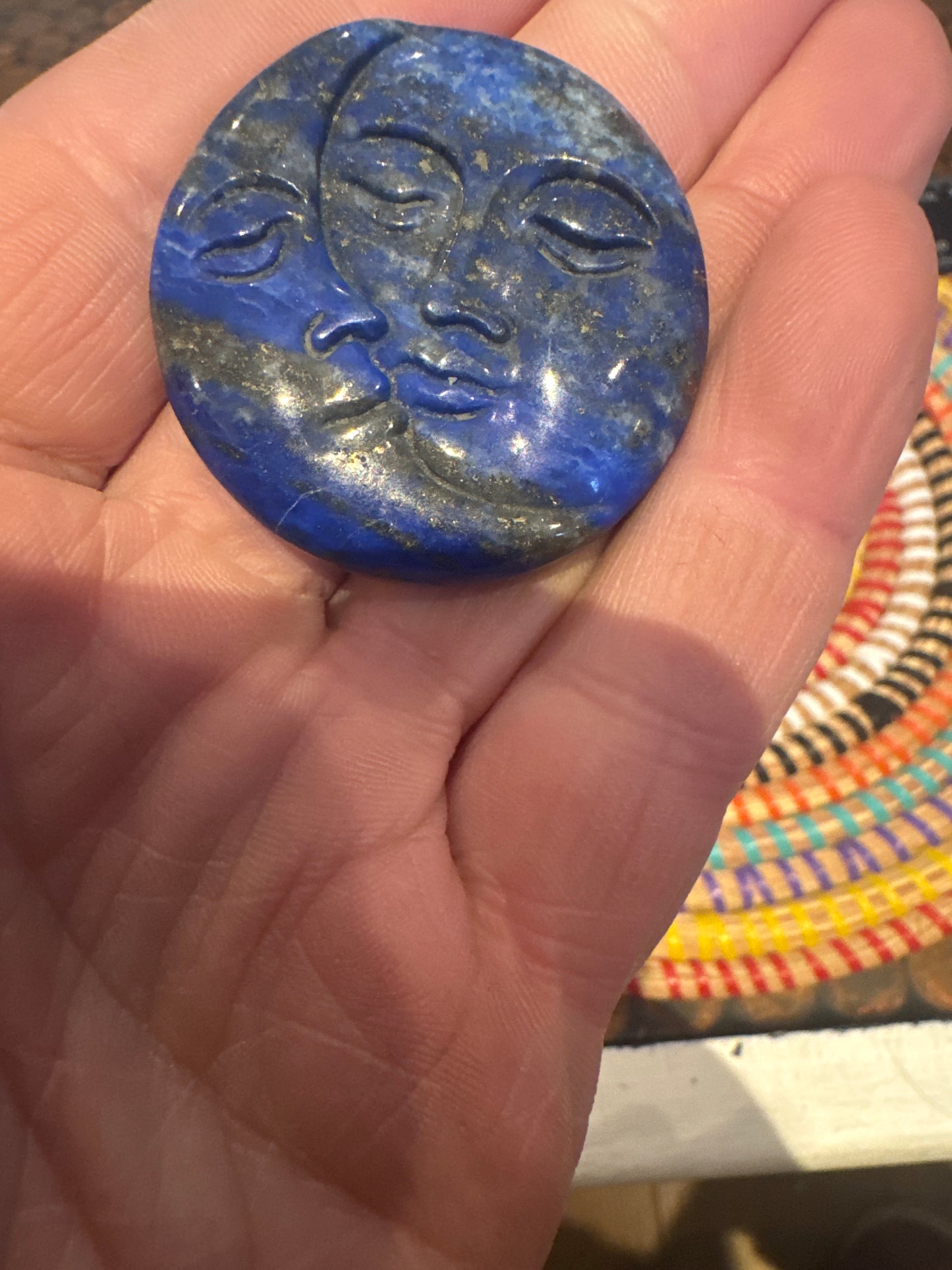 🌞🌜 Lapis Lazuli Sun & Moon Carving – Celestial Wisdom in Royal Blue Stone WS1-12