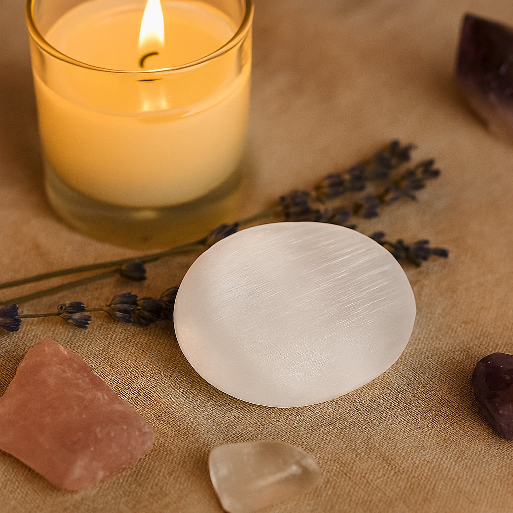 Selenite Palmstone 6cm – Hand-Carved Crystal from Morocco