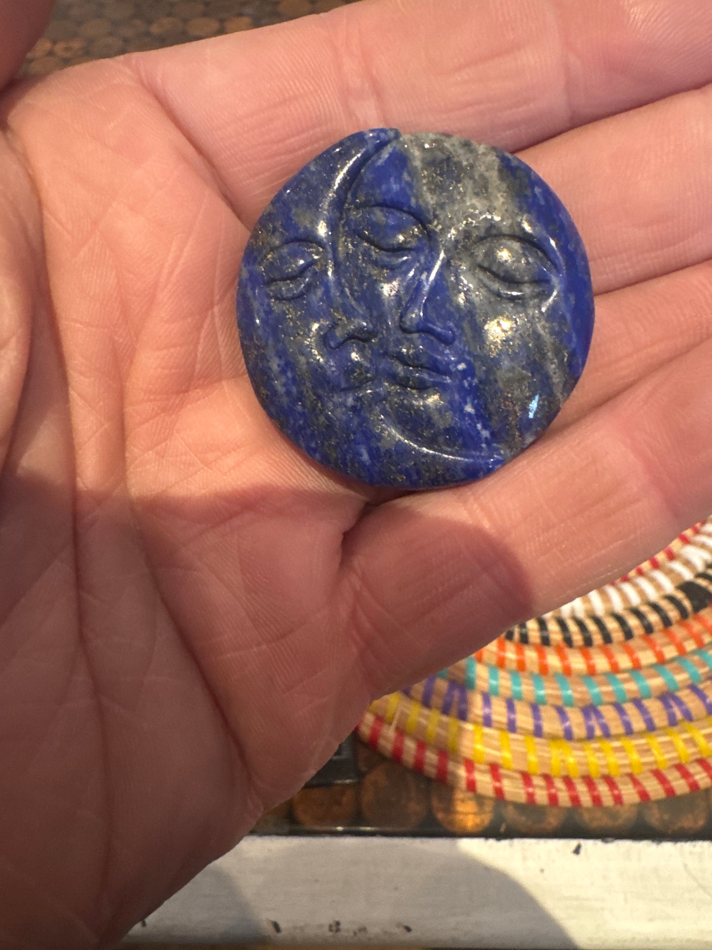 🌞🌜 Lapis Lazuli Sun & Moon Carving – Celestial Wisdom in Royal Blue Stone WS1-10
