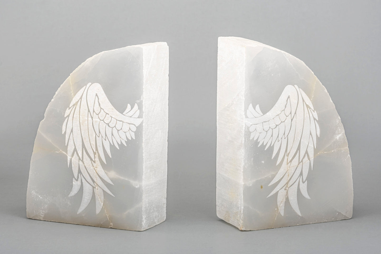 Selenite, Book ends, Polished finish, ‘Angel Wings’ laser etched