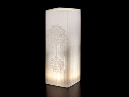 Selenite Lamp, laser Etched, Rectangle, Tree of life