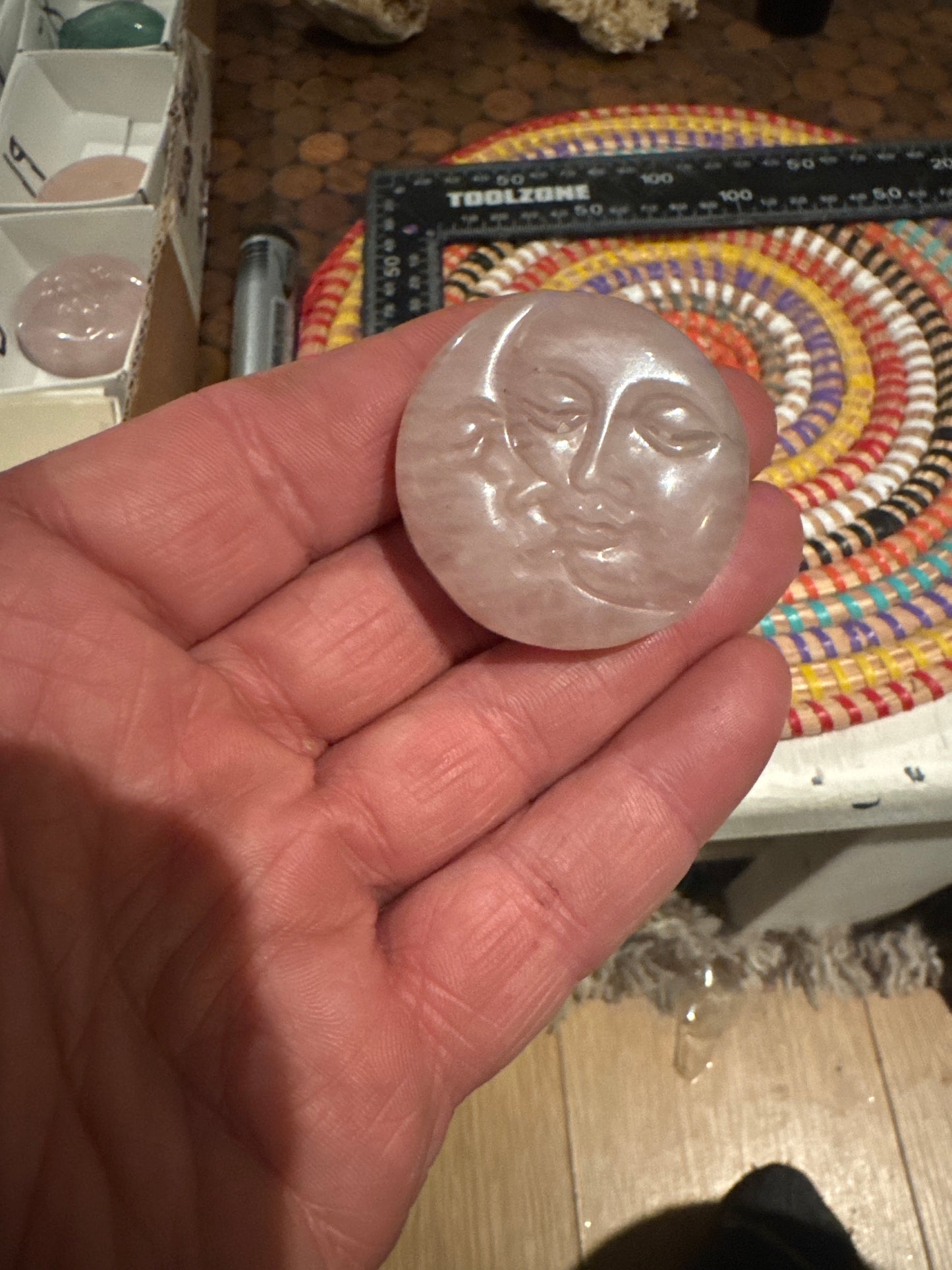 🌞🌜 Rose Quartz Sun & Moon Carving – Celestial Love & Gentle Heart Energy.WS1-18