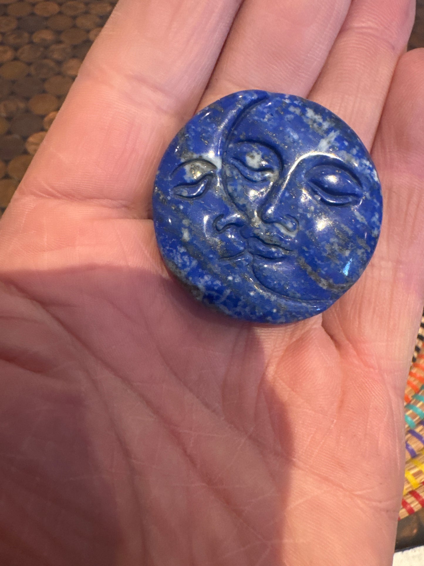 🌞🌜 Lapis Lazuli Sun & Moon Carving – Celestial Wisdom in Royal Blue Stone WS1-11