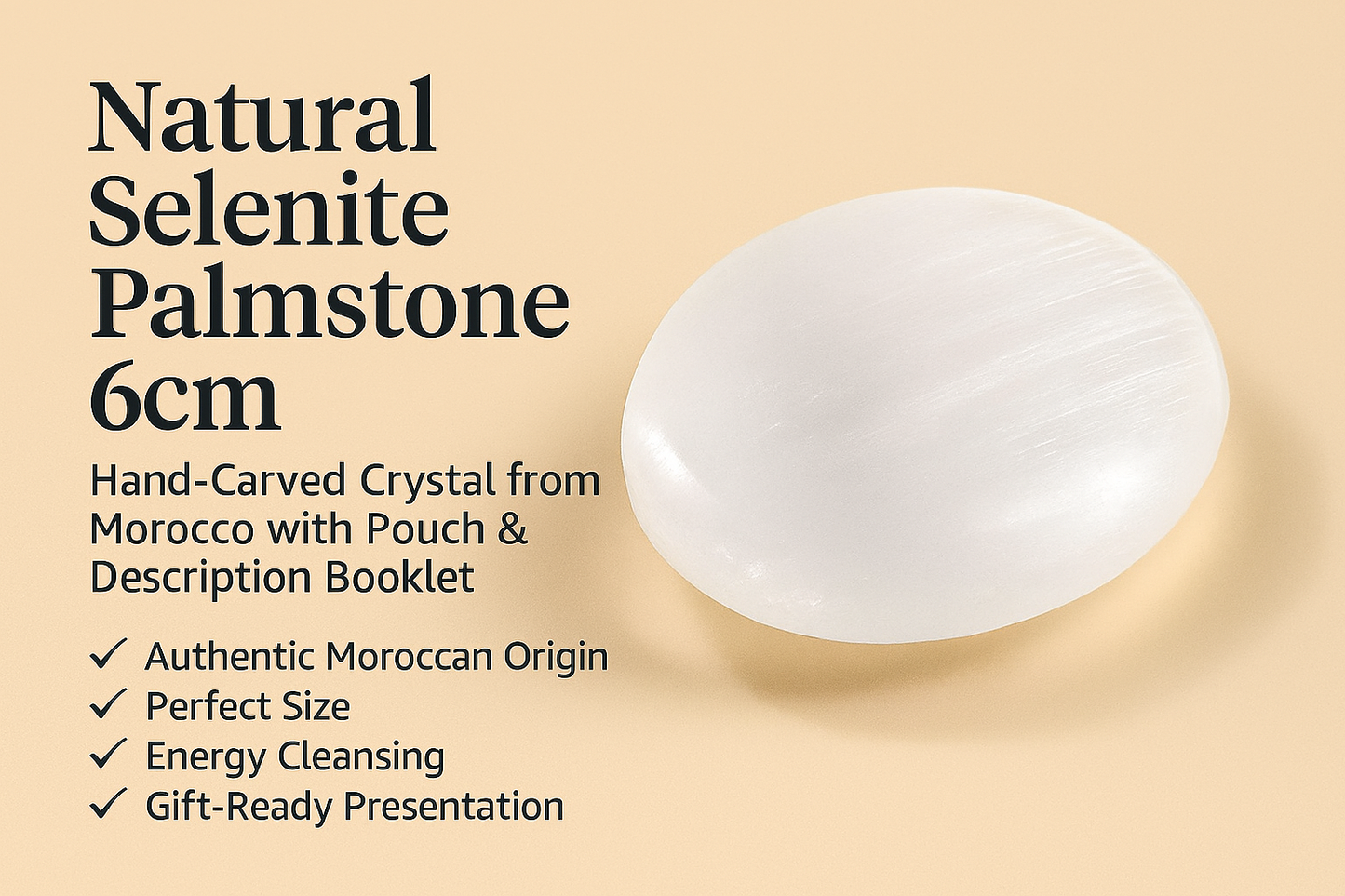 Selenite Palmstone 6cm – Hand-Carved Crystal from Morocco