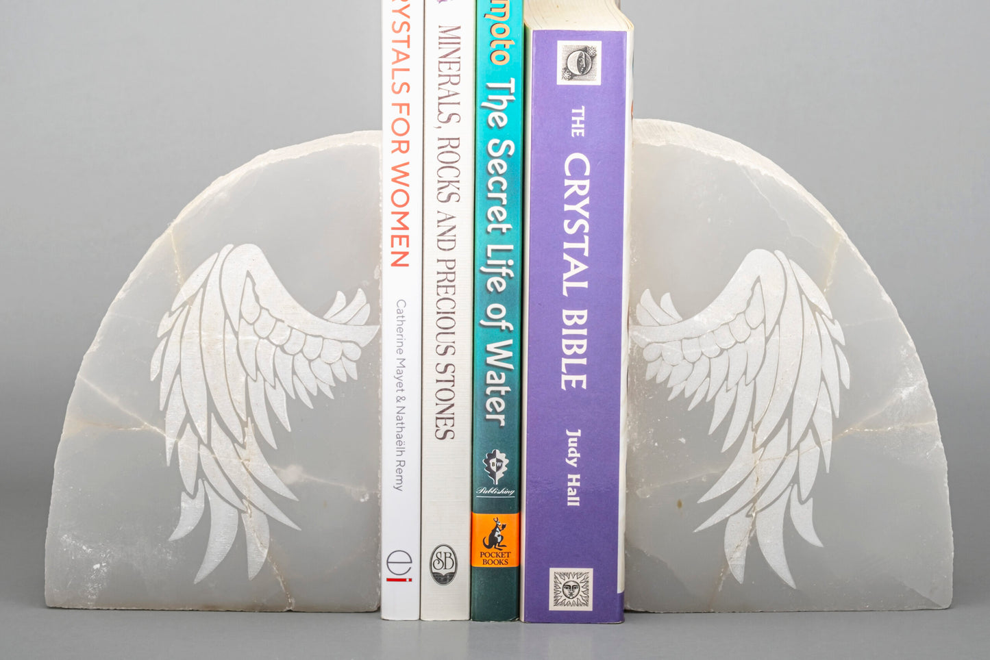 Selenite, Book ends, Polished finish, ‘Angel Wings’ laser etched