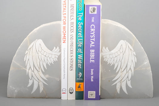 Selenite, Book ends, Polished finish, ‘Angel Wings’ laser etched